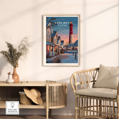 Cape May New Jersey Christmas Lights Wall Art Print showcasing festive decorations and a lighthouse in a cozy setting.