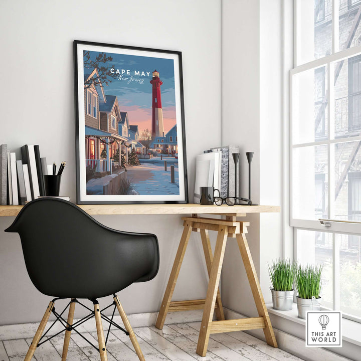 Cape May New Jersey Christmas Lights wall art print displayed in a modern room with a stylish chair and desk.