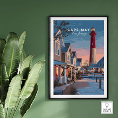 Cape May New Jersey Christmas Lights Wall Art Print showcasing festive homes and lighthouse decor in winter setting.