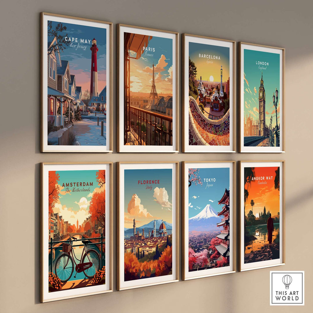 A collection of vibrant city-themed wall art prints featuring Cape May, Paris, Barcelona, London, Amsterdam, Florence, Tokyo, and Angkor Wat.