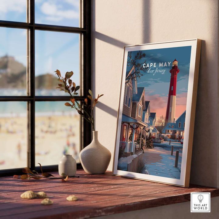 Cape May New Jersey Christmas Lights wall art print displayed on a table with a beach view in the background.