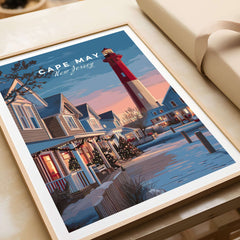 Cape May New Jersey Christmas Lights Wall Art Print showcasing festive decorations and a lighthouse in winter.