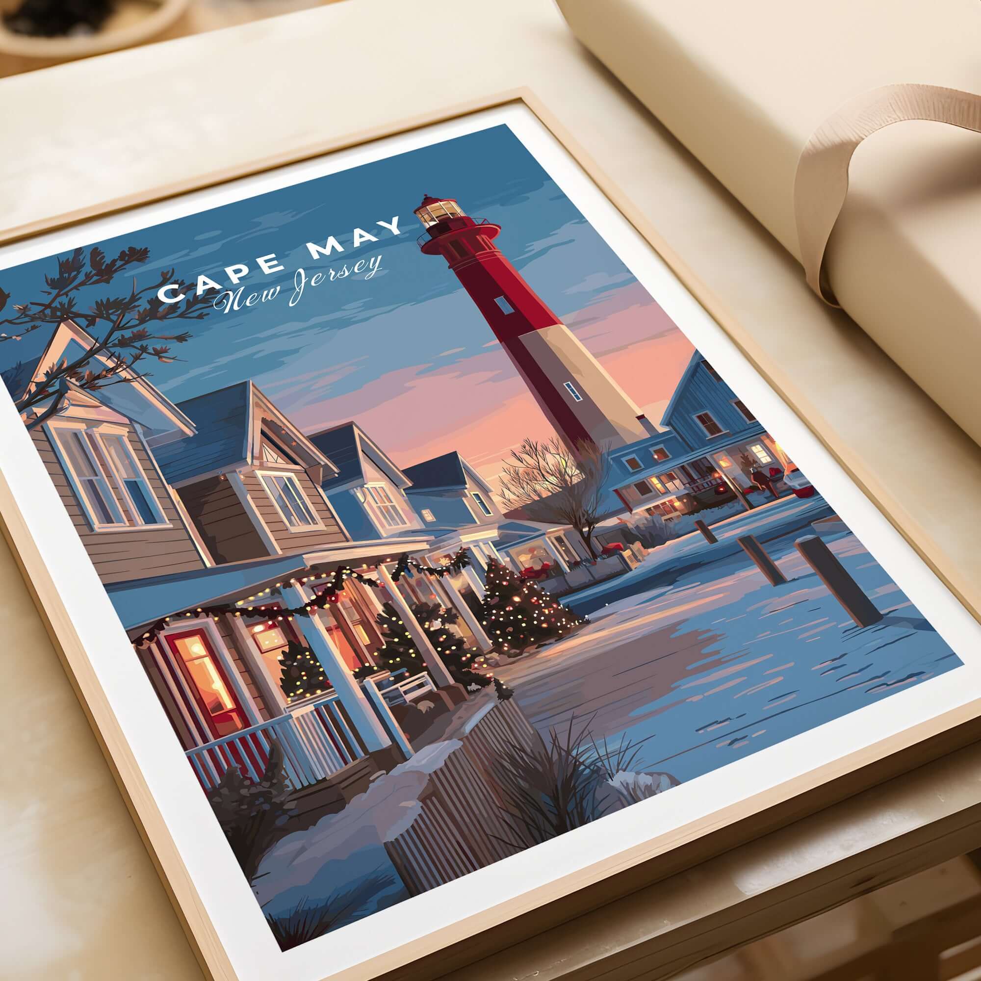 Cape May New Jersey Christmas Lights Wall Art Print showcasing festive decorations and a lighthouse in winter.