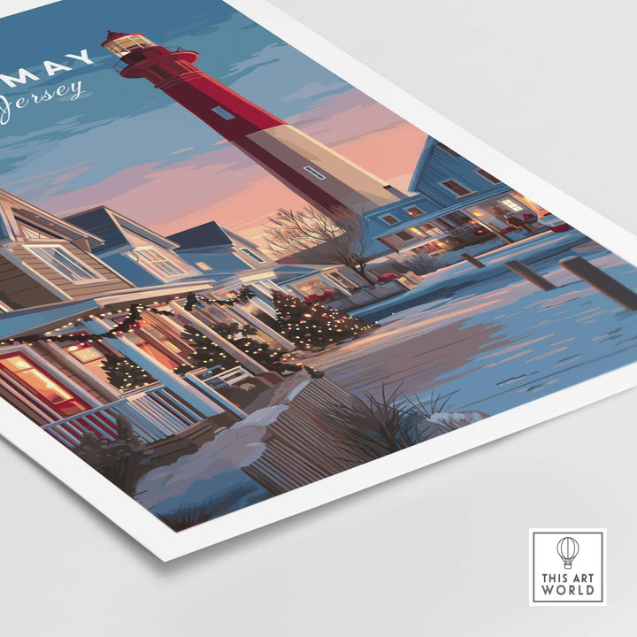 Cape May New Jersey Christmas lights wall art print showcasing festive houses and a lighthouse.