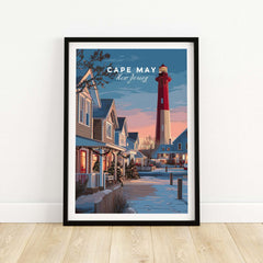 Cape May New Jersey Christmas Lights Wall Art Print featuring festive houses and a lighthouse.