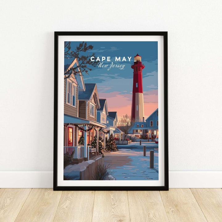 Cape May New Jersey Christmas lights wall art print showcasing a snowy street and lighthouse.