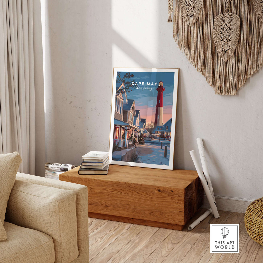 Cape May New Jersey Christmas Lights wall art print displayed in a cozy living room setting.