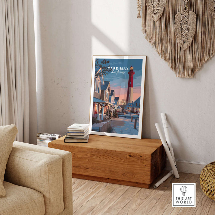 Cape May New Jersey Christmas Lights wall art print displayed in a cozy living room setting.
