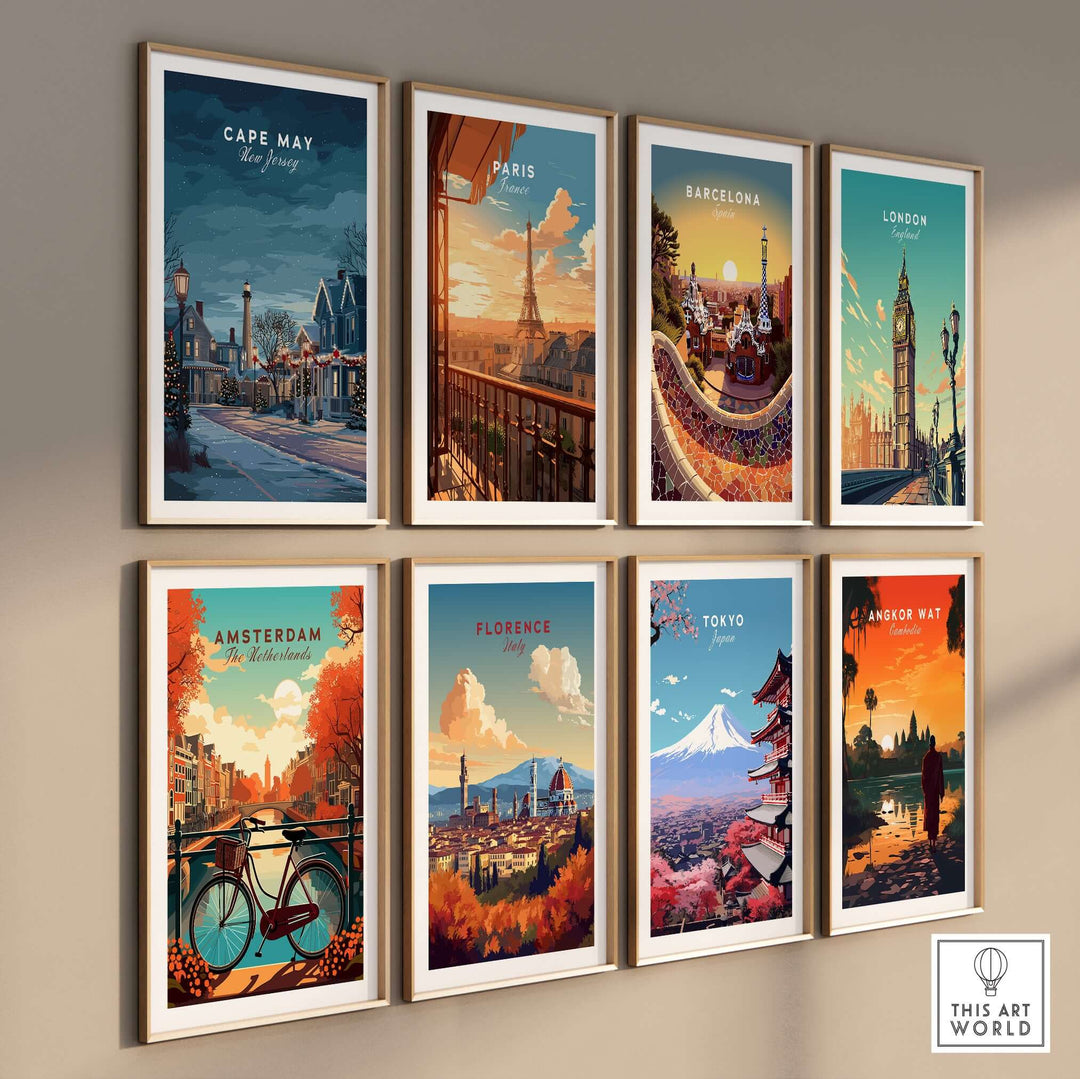 Collection of colorful cityscape prints featuring Cape May, Paris, Barcelona, London, and more, displayed in a stylish arrangement.