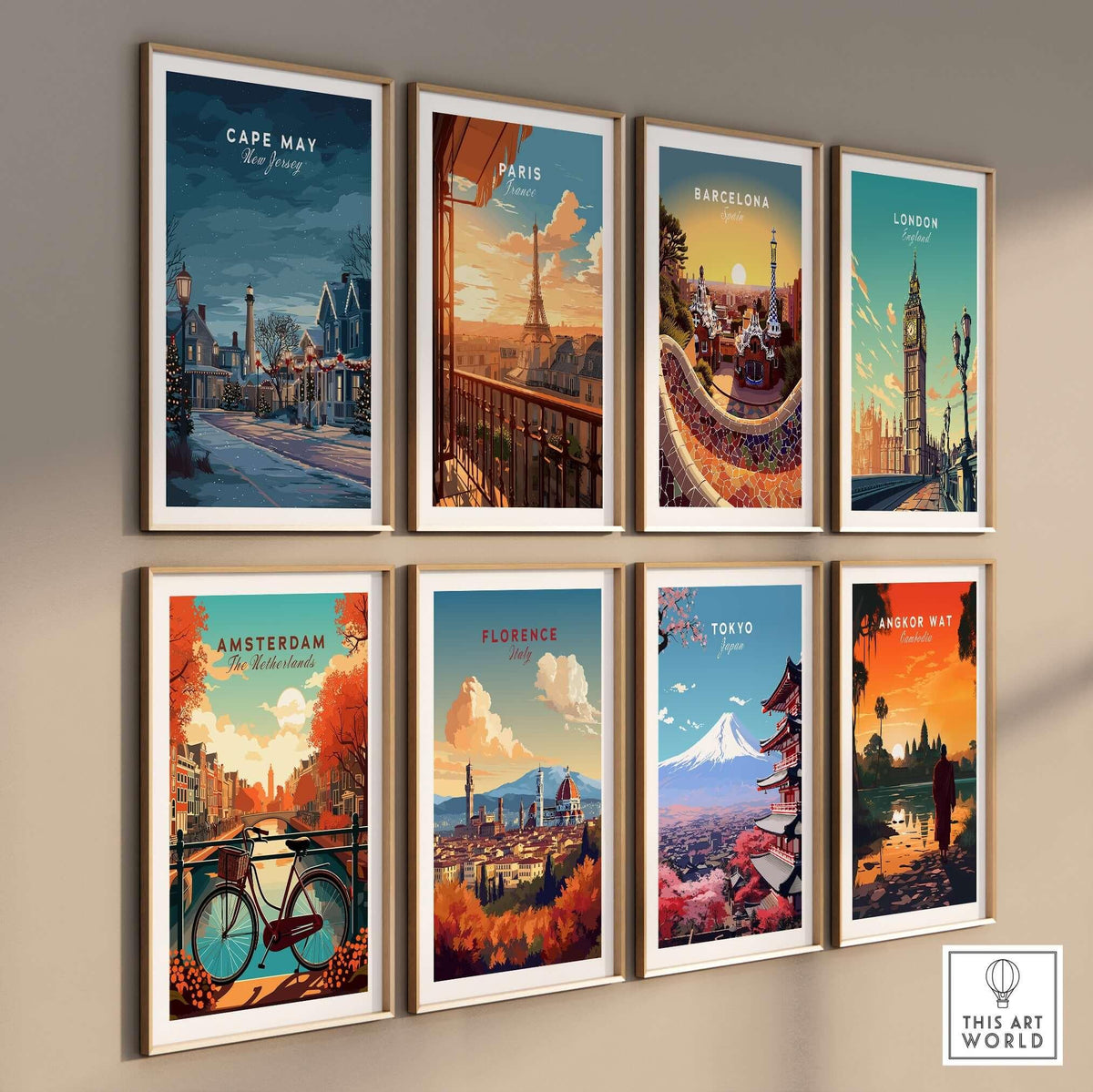 Cape May New Jersey Winter Scene Print - Festive Holiday Wall Art displayed in a gallery wall with other city prints.