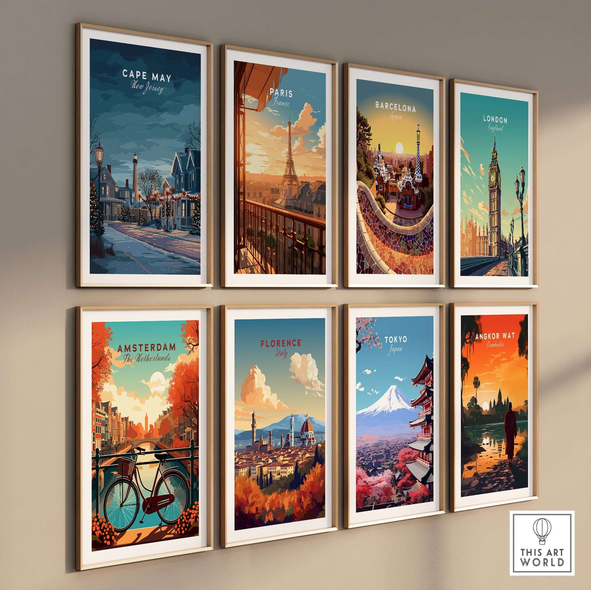 Cape May New Jersey Winter Scene Print - Festive Holiday Wall Art displayed in a gallery wall with other city prints.