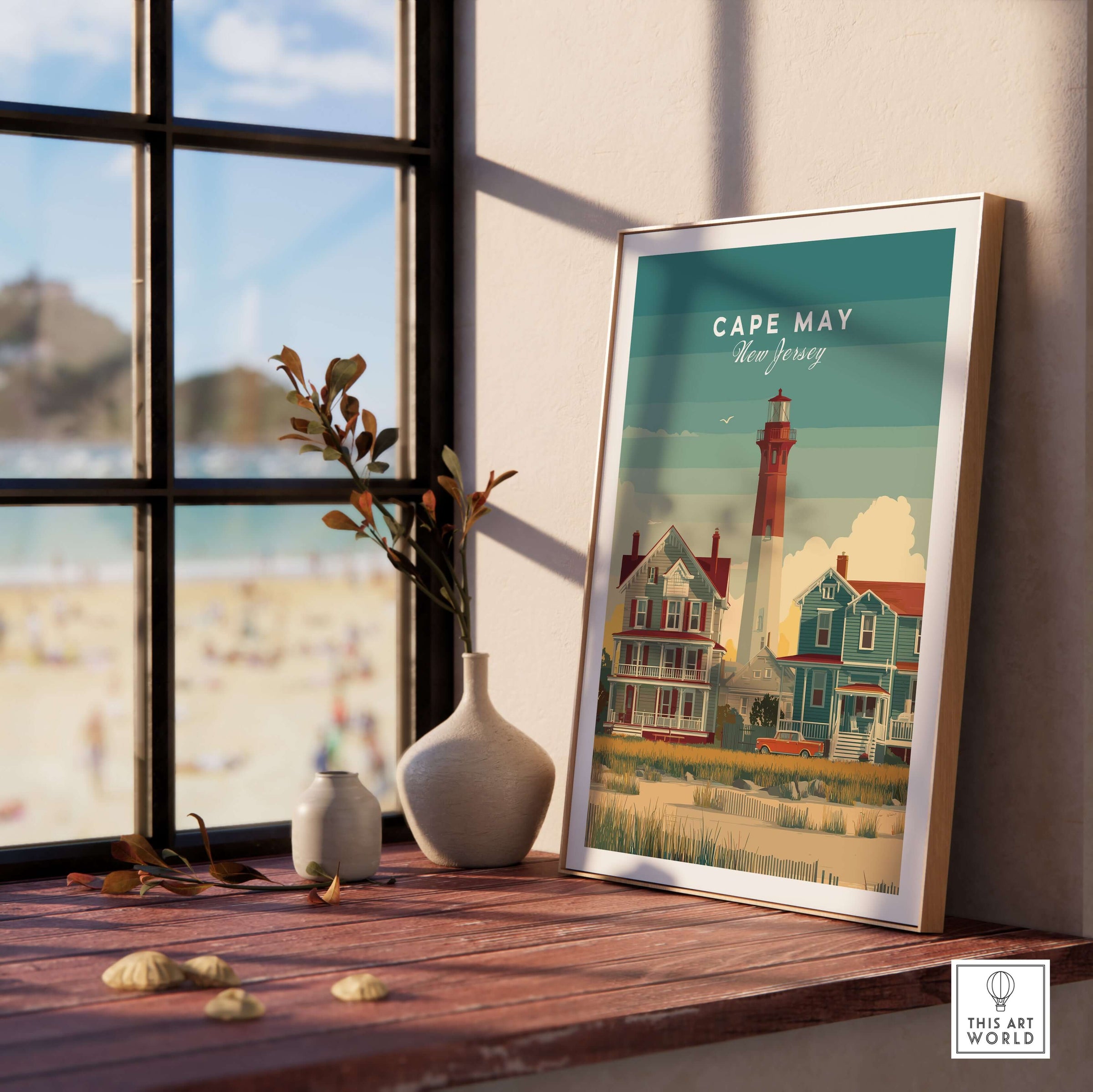 Cape May New Jersey Lighthouse Art Print - Victorian Houses Poster displayed in a seaside room with beach view.
