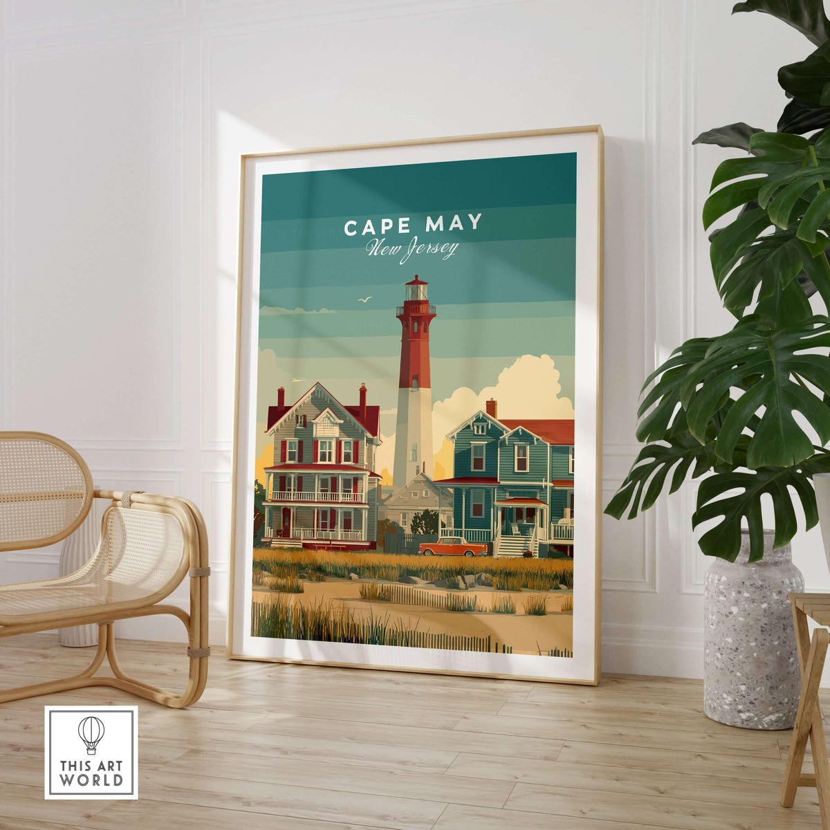 Cape May New Jersey Lighthouse Art Print - Victorian Houses Poster showcasing a lighthouse and Victorian houses.