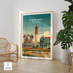 Cape May New Jersey Lighthouse Art Print - Victorian Houses Poster showcasing a lighthouse and Victorian houses.