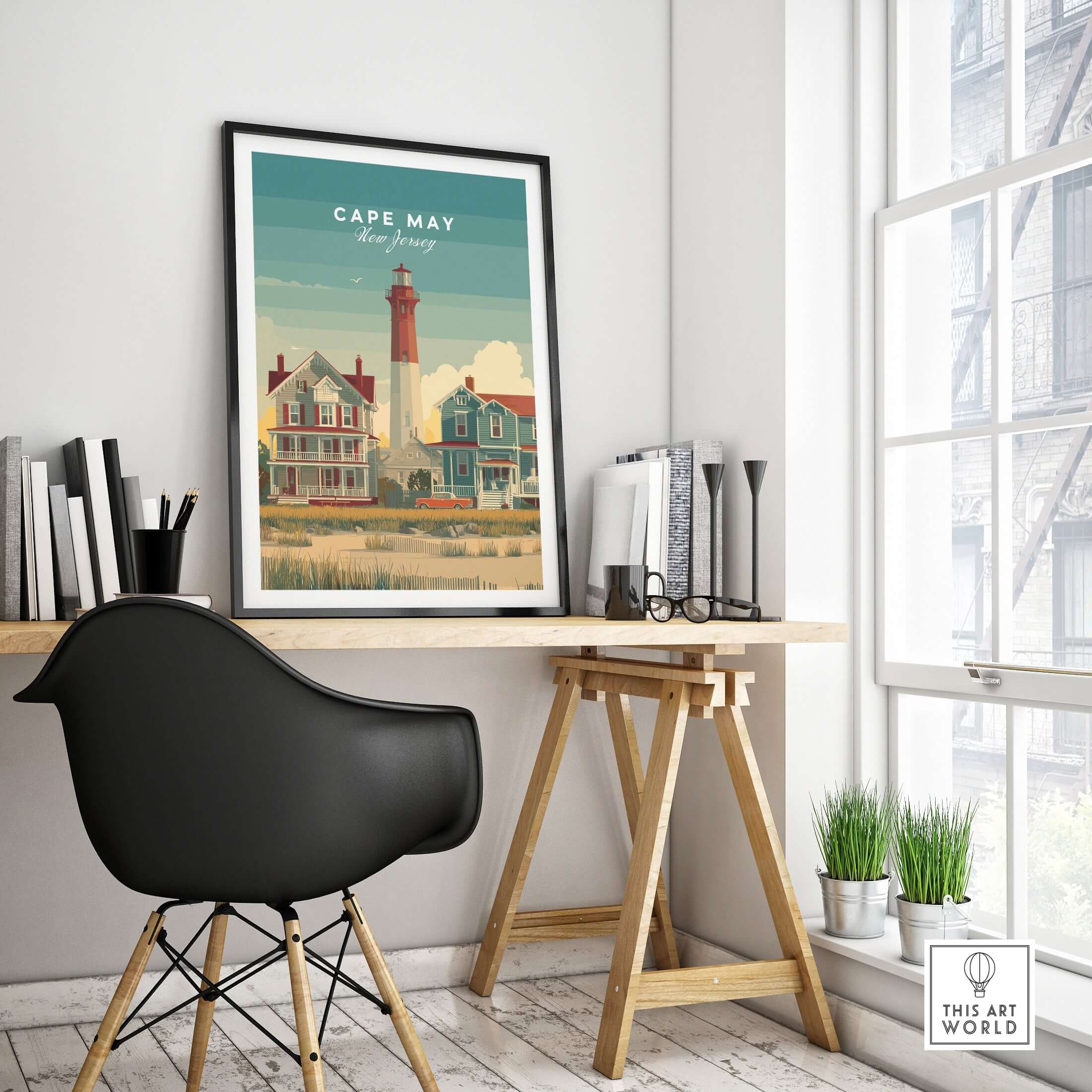 Cape May New Jersey Lighthouse Art Print - Victorian Houses Poster displayed in a modern home office setting.