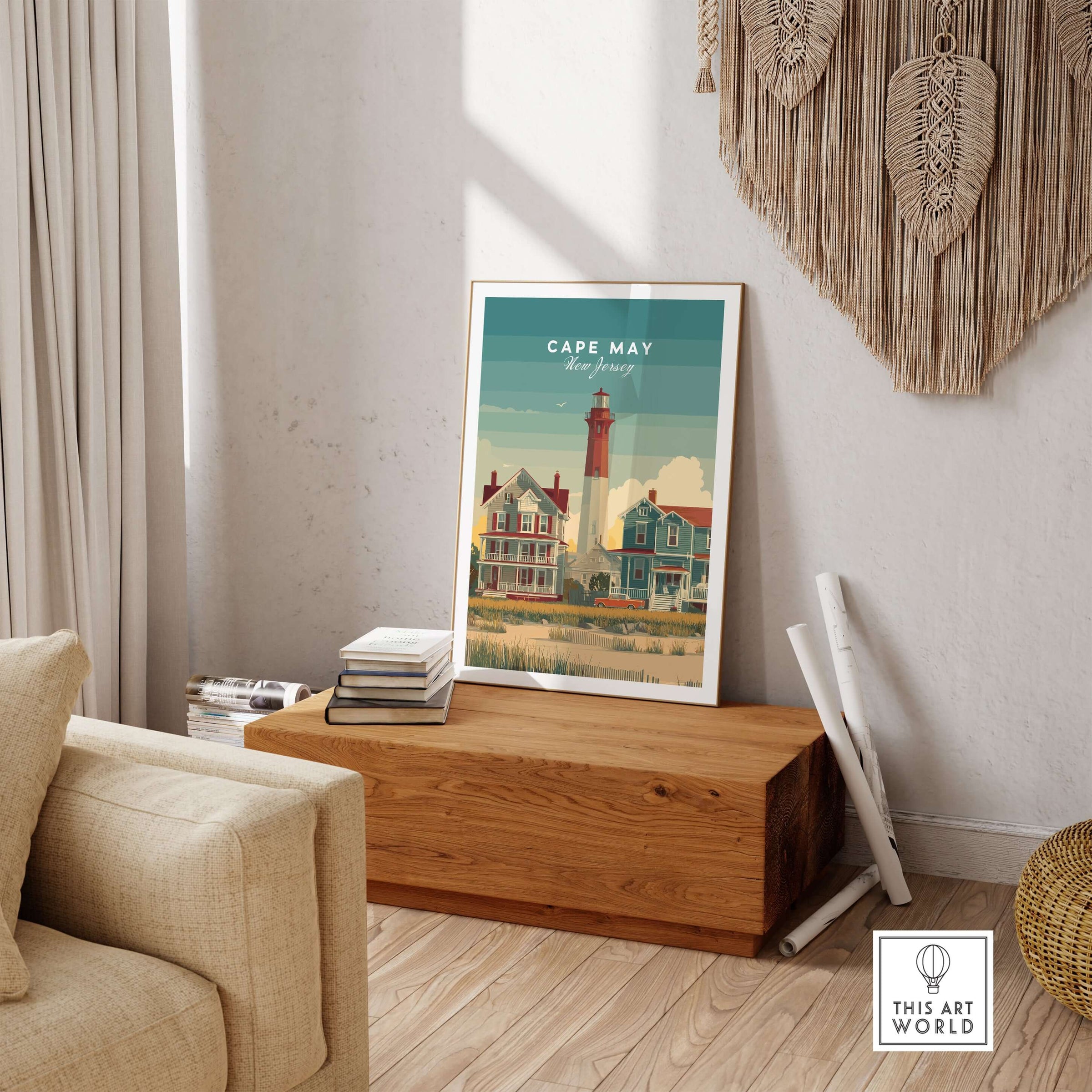 Cape May New Jersey Lighthouse Art Print - Victorian Houses Poster framed on a wooden table in a cozy setting.
