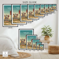 Cape May New Jersey Lighthouse Art Print - Victorian Houses Poster size guide displaying various print sizes.