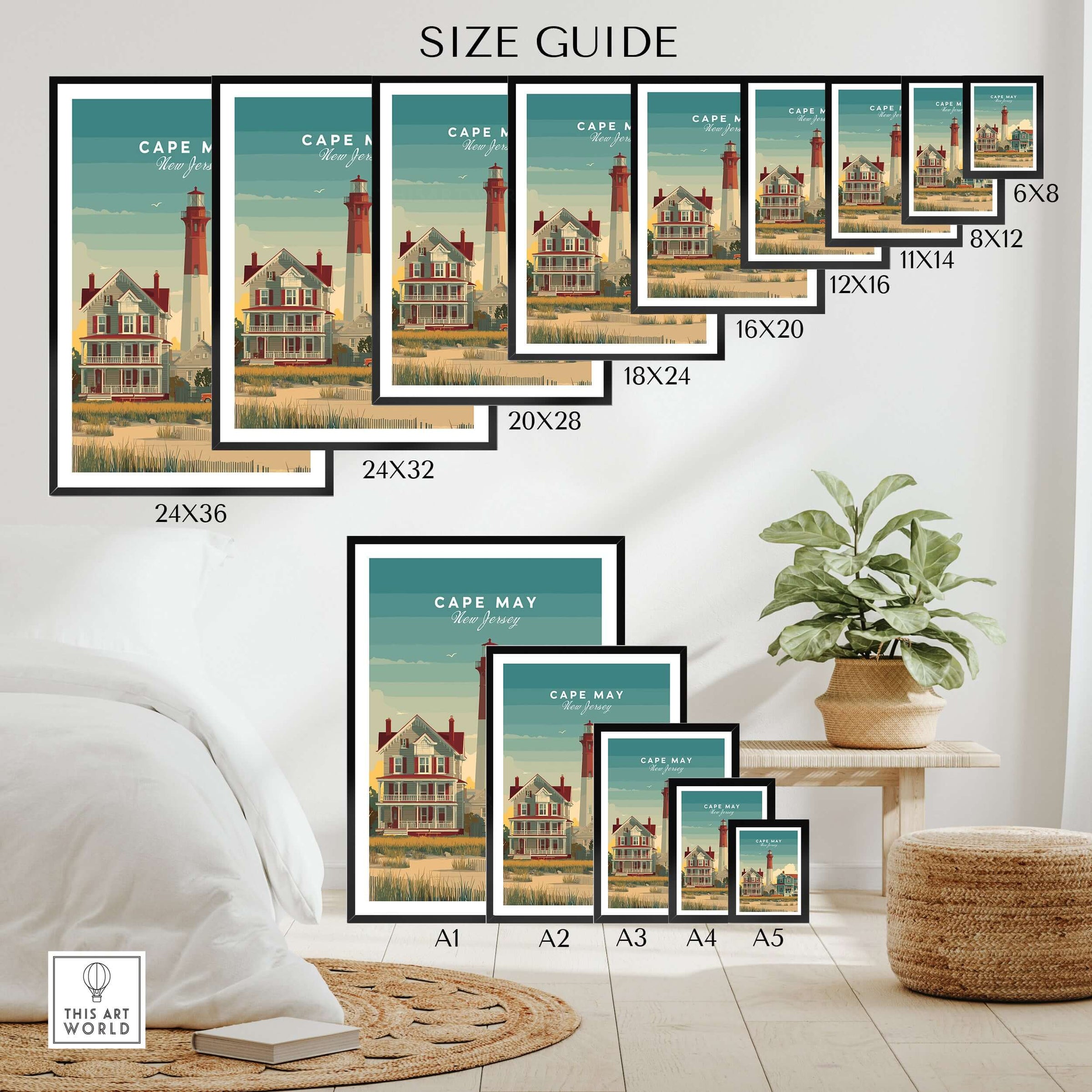 Cape May New Jersey Lighthouse Art Print - Victorian Houses Poster size guide displaying various print sizes.