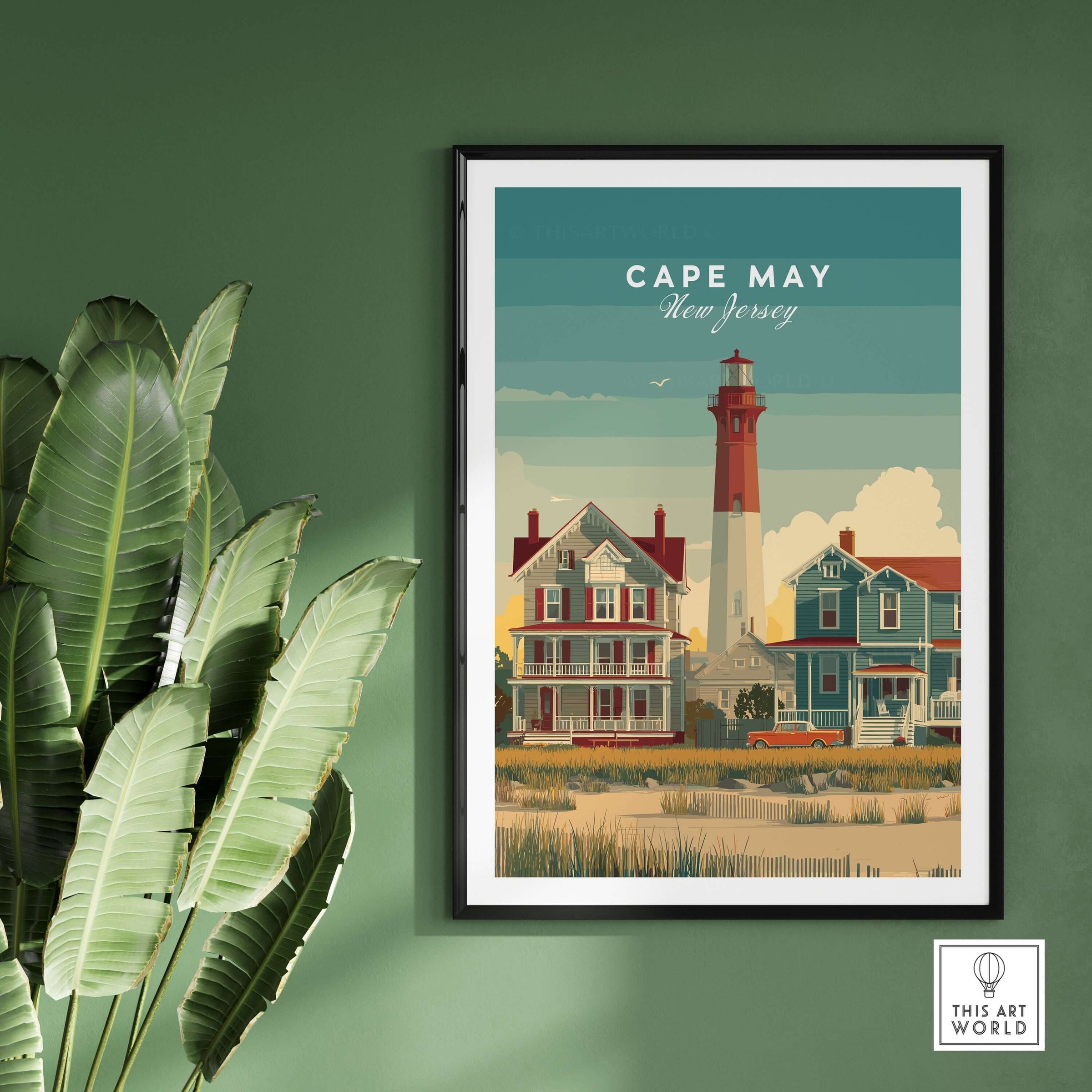 Cape May New Jersey Lighthouse Art Print - Victorian Houses Poster featuring vibrant colors and charming Victorian homes.