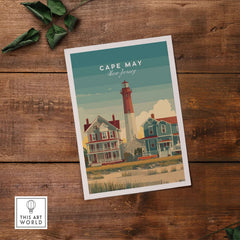 Cape May New Jersey Lighthouse Art Print - Victorian Houses Poster showcasing colorful Victorian houses and lighthouse.