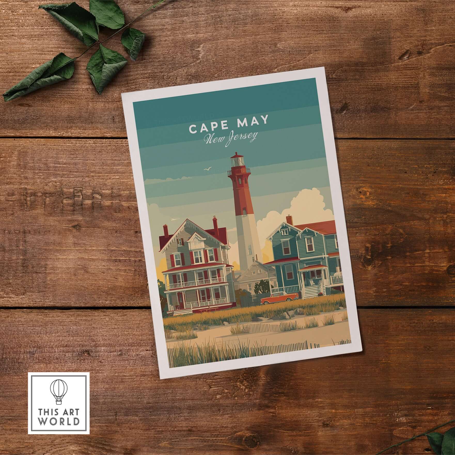 Cape May New Jersey Lighthouse Art Print - Victorian Houses Poster showcasing colorful Victorian houses and lighthouse.
