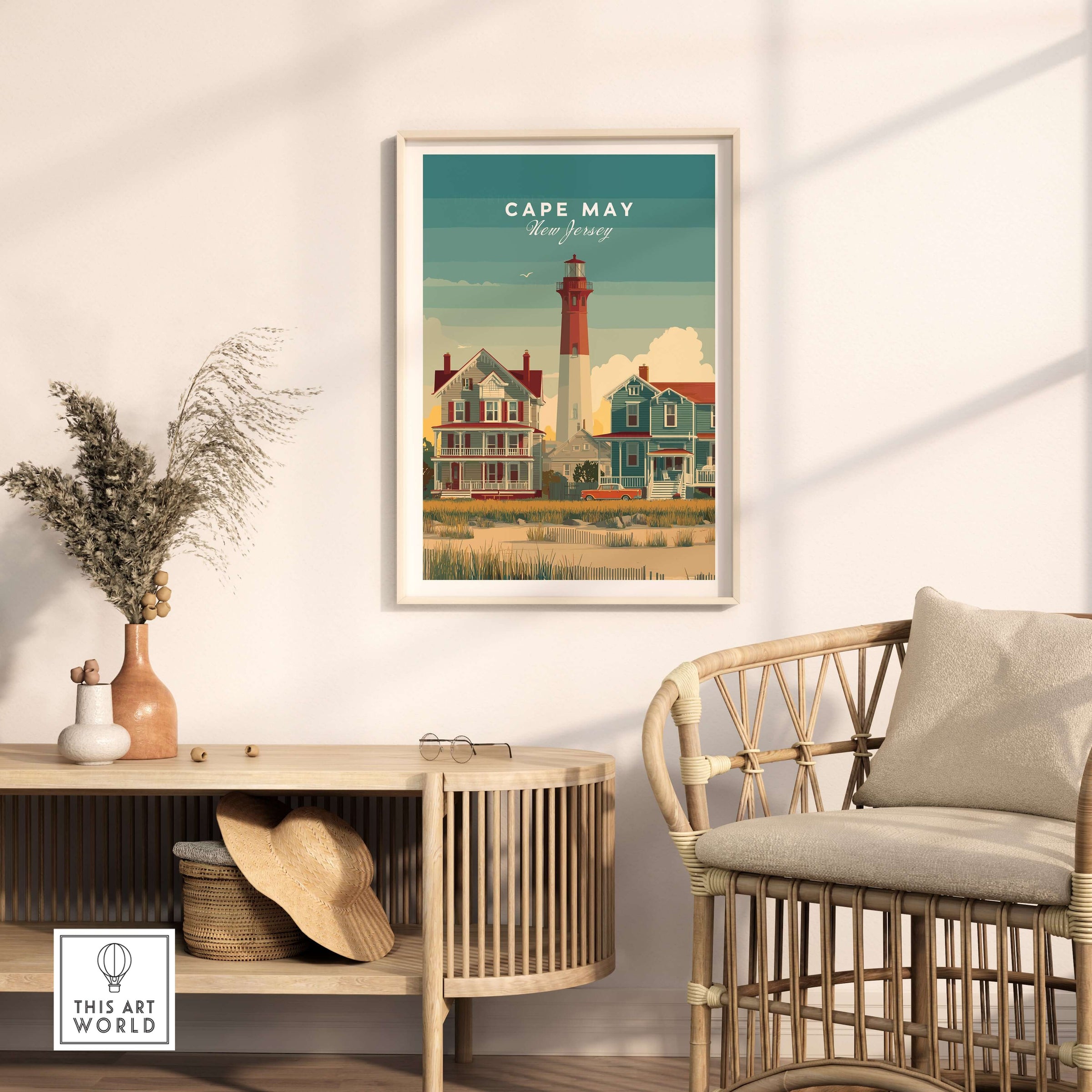 Cape May New Jersey Lighthouse Art Print - Victorian Houses Poster in a cozy interior setting with a stylish chair.