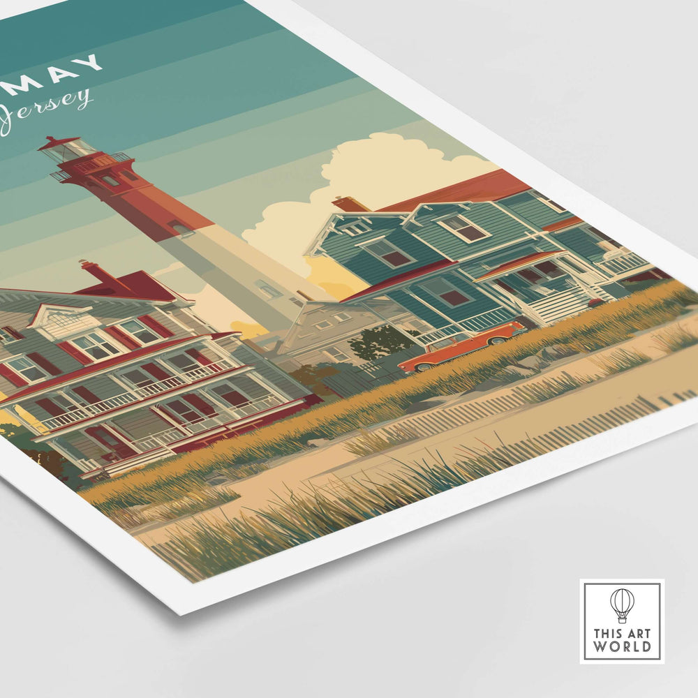 Cape May New Jersey Lighthouse Art Print featuring Victorian houses and a picturesque background.