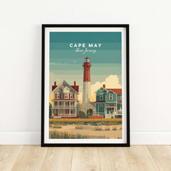 Cape May New Jersey Lighthouse Art Print - Victorian Houses Poster with lighthouse and Victorian houses