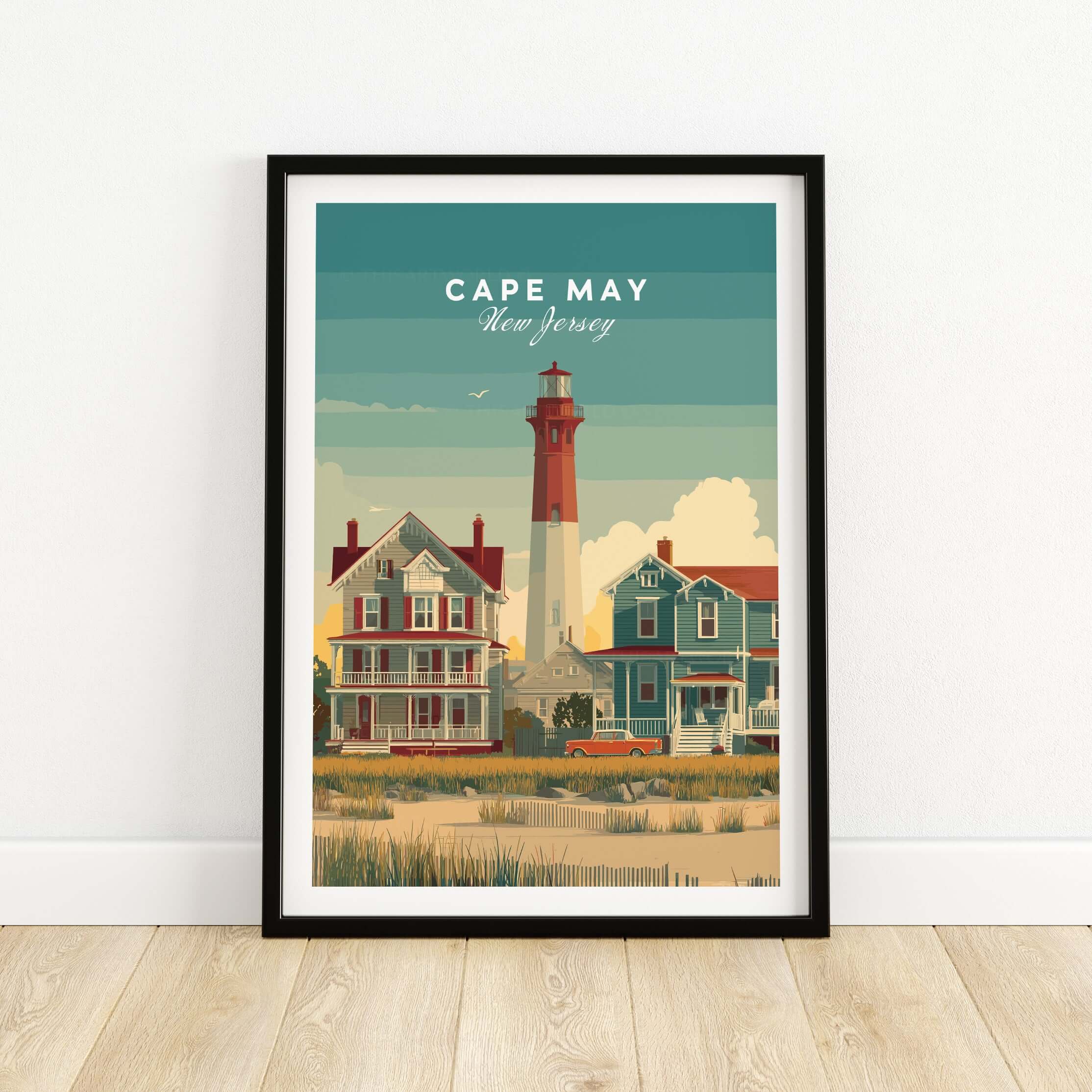 Cape May New Jersey Lighthouse Art Print - Victorian Houses Poster with lighthouse and Victorian houses