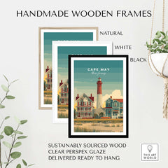 Cape May New Jersey Lighthouse Art Print - Victorian Houses Poster in handmade wooden frames of different colors.