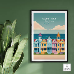 Cape May New Jersey Ocean View Poster - Classic Retro Beach Town Print featuring colorful beach houses and ocean view.