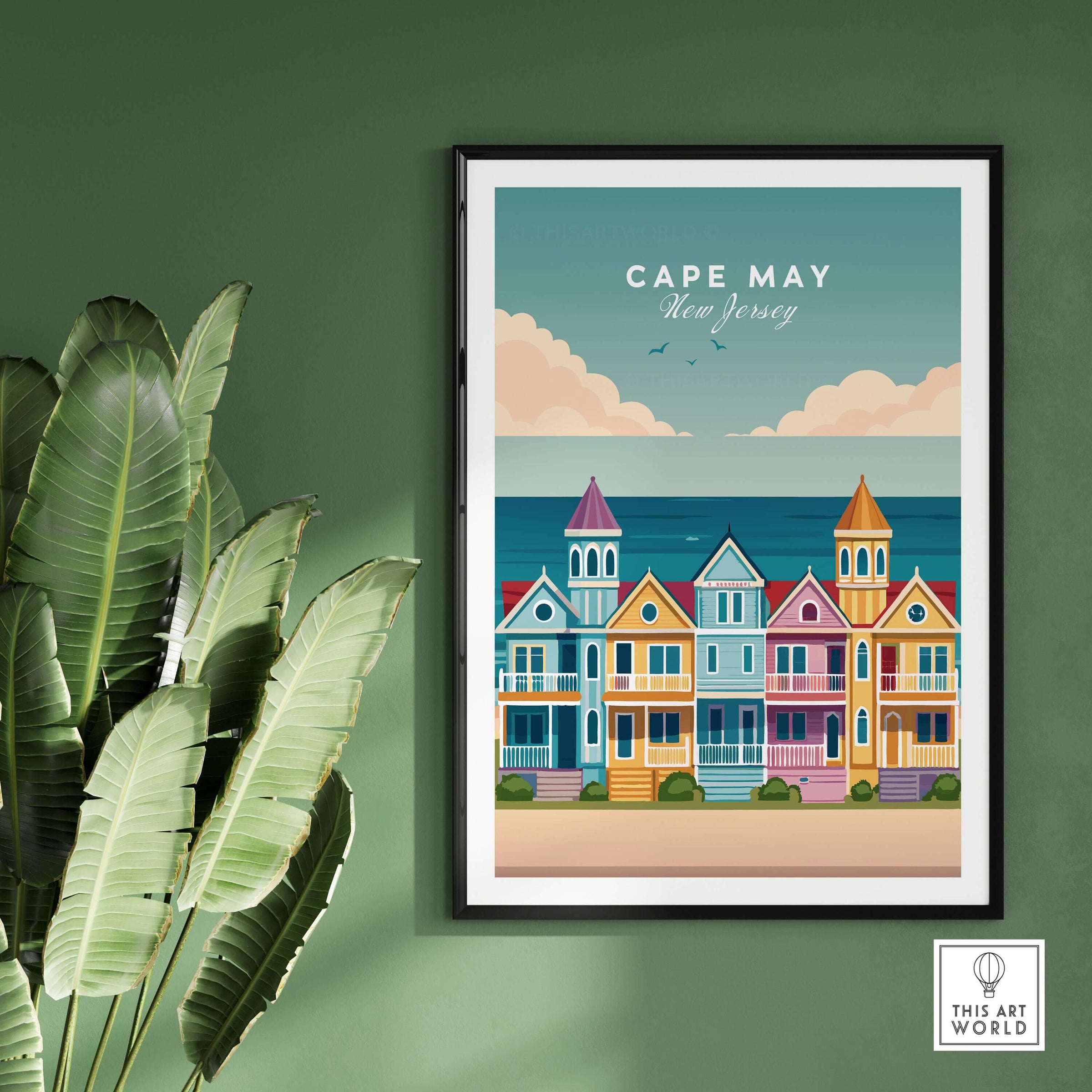 Cape May New Jersey Ocean View Poster - Classic Retro Beach Town Print featuring colorful beach houses and ocean view.