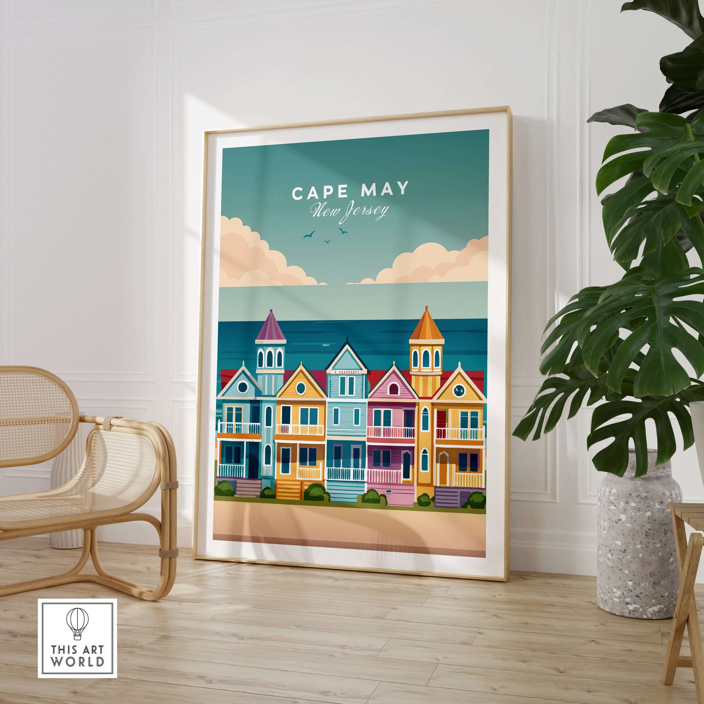 Cape May New Jersey Ocean View Poster - Classic Retro Beach Town Print displayed in a bright, contemporary living space.