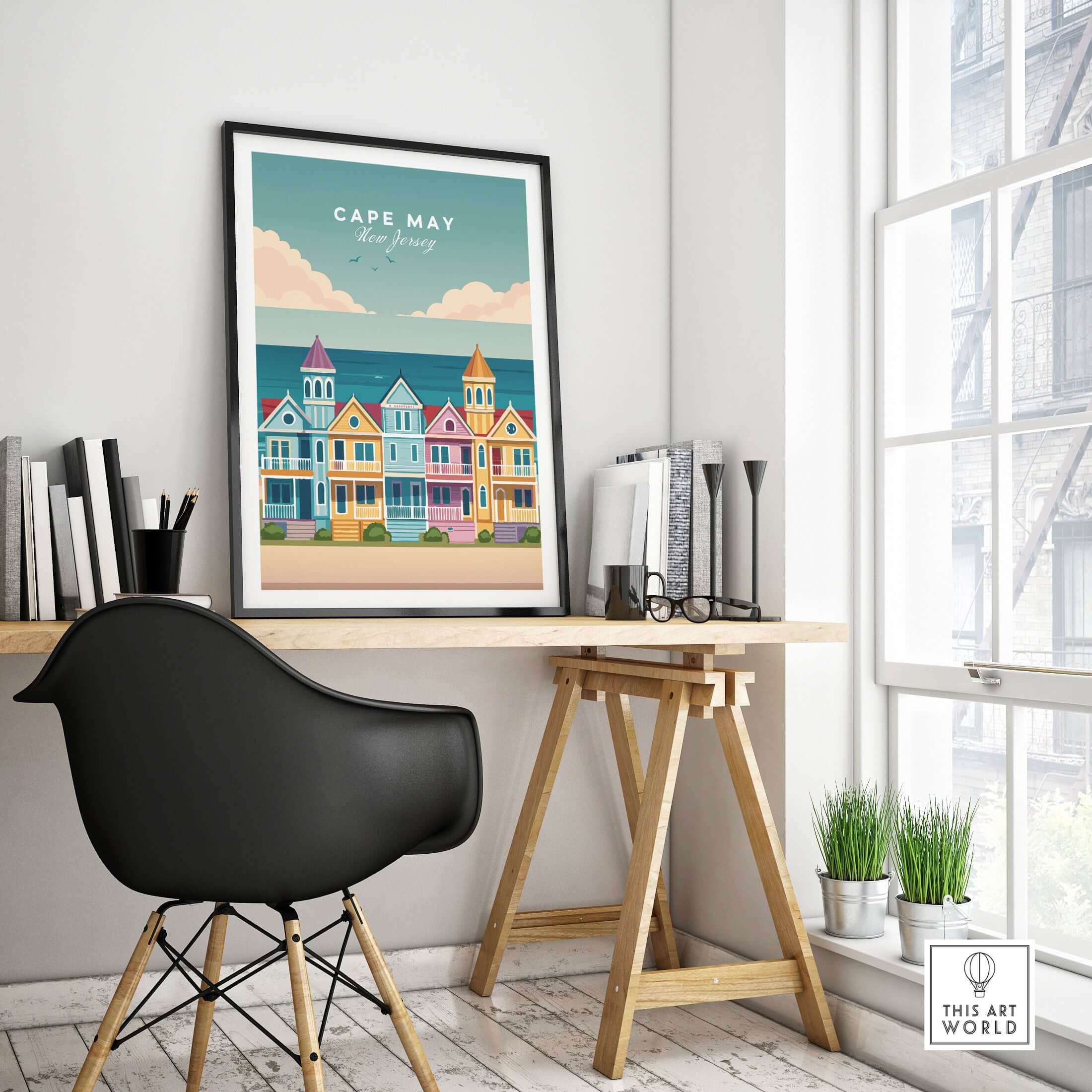 Cape May New Jersey Ocean View Poster - Classic Retro Beach Town Print displayed in a stylish home office.