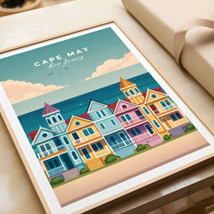 Cape May New Jersey Ocean View Poster - Classic Retro Beach Town Print featuring colorful beach houses.