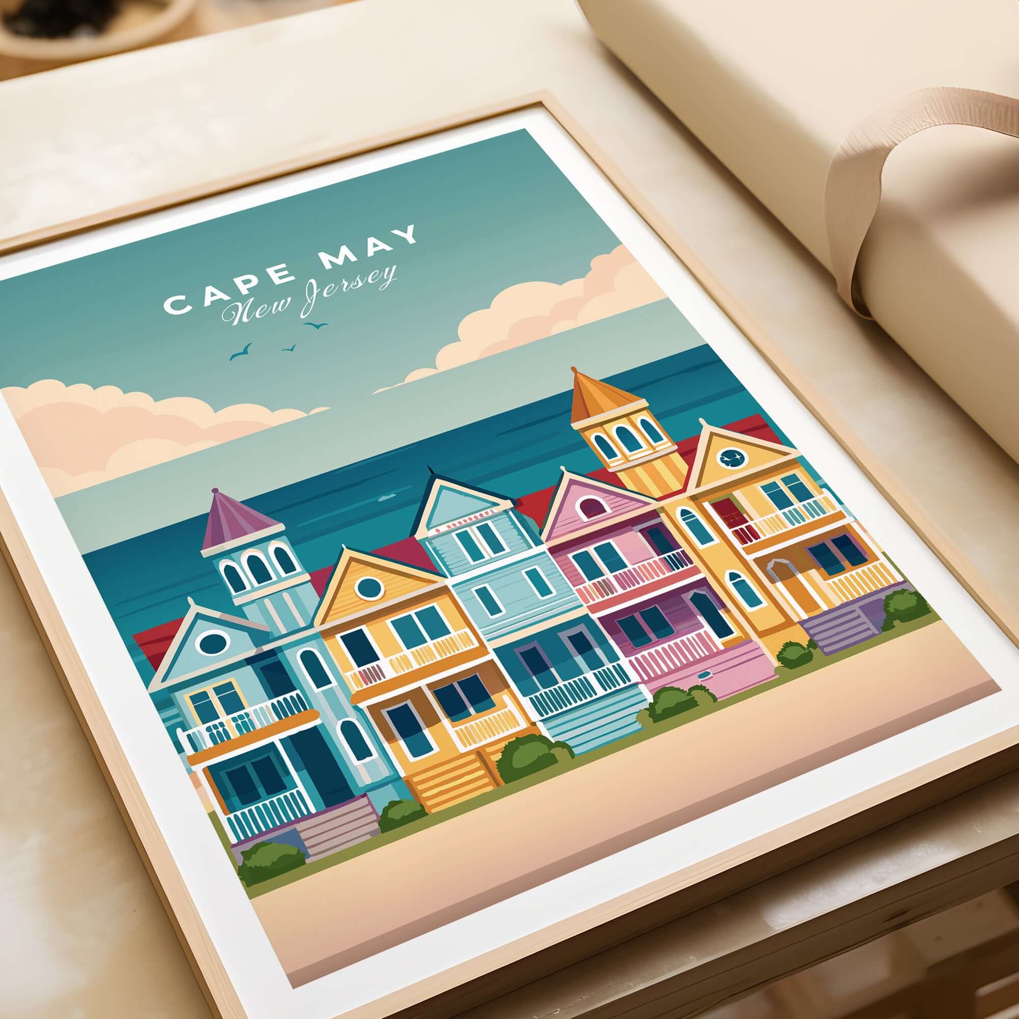 Cape May New Jersey Ocean View Poster - Classic Retro Beach Town Print featuring colorful beach houses.