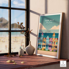 Cape May New Jersey Ocean View Poster - Classic Retro Beach Town Print displayed in a sunny room with beach view.