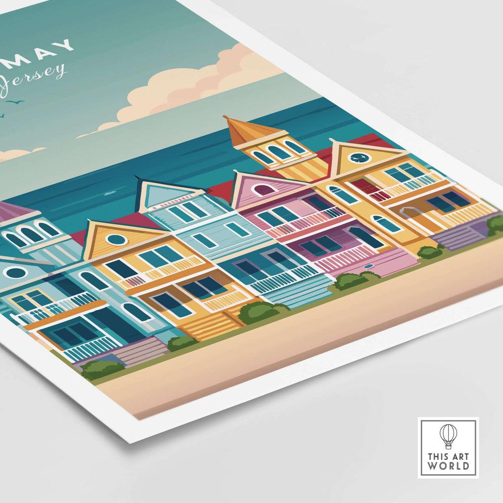Cape May New Jersey ocean view poster featuring classic retro beach houses and scenic ocean backdrop.