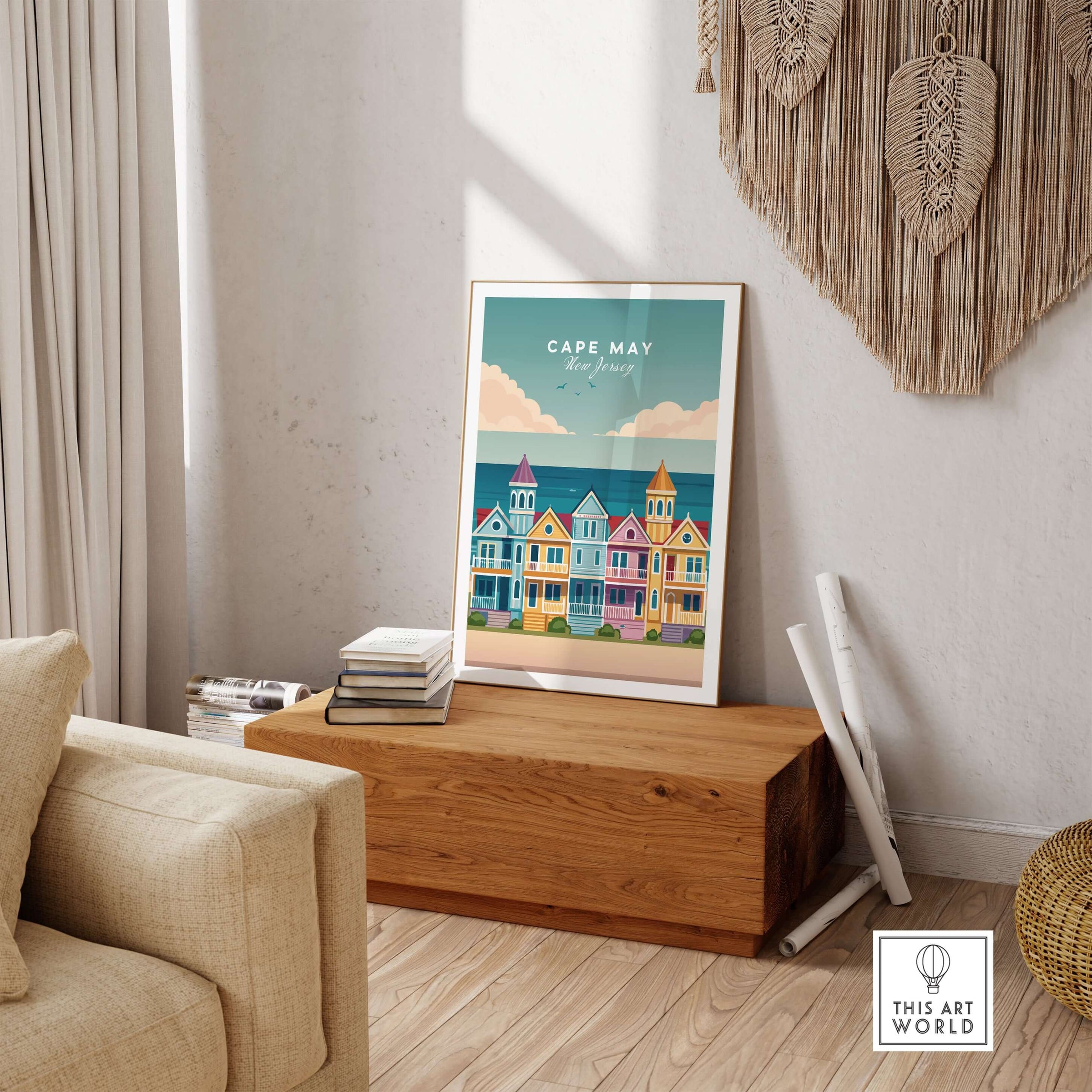 Cape May New Jersey Ocean View Poster - Classic Retro Beach Town Print displayed in a cozy living room setting.