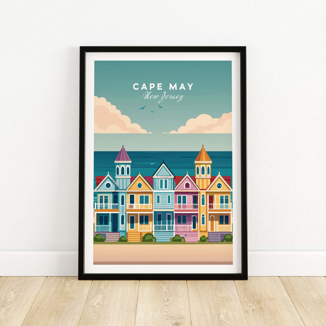 Cape May New Jersey ocean view poster featuring vibrant retro beach houses by the sea.