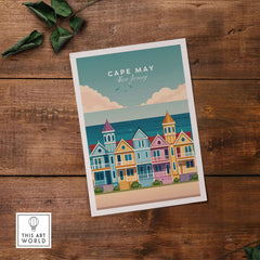Cape May New Jersey Ocean View Poster - Classic Retro Beach Town Print featuring colorful beach houses.