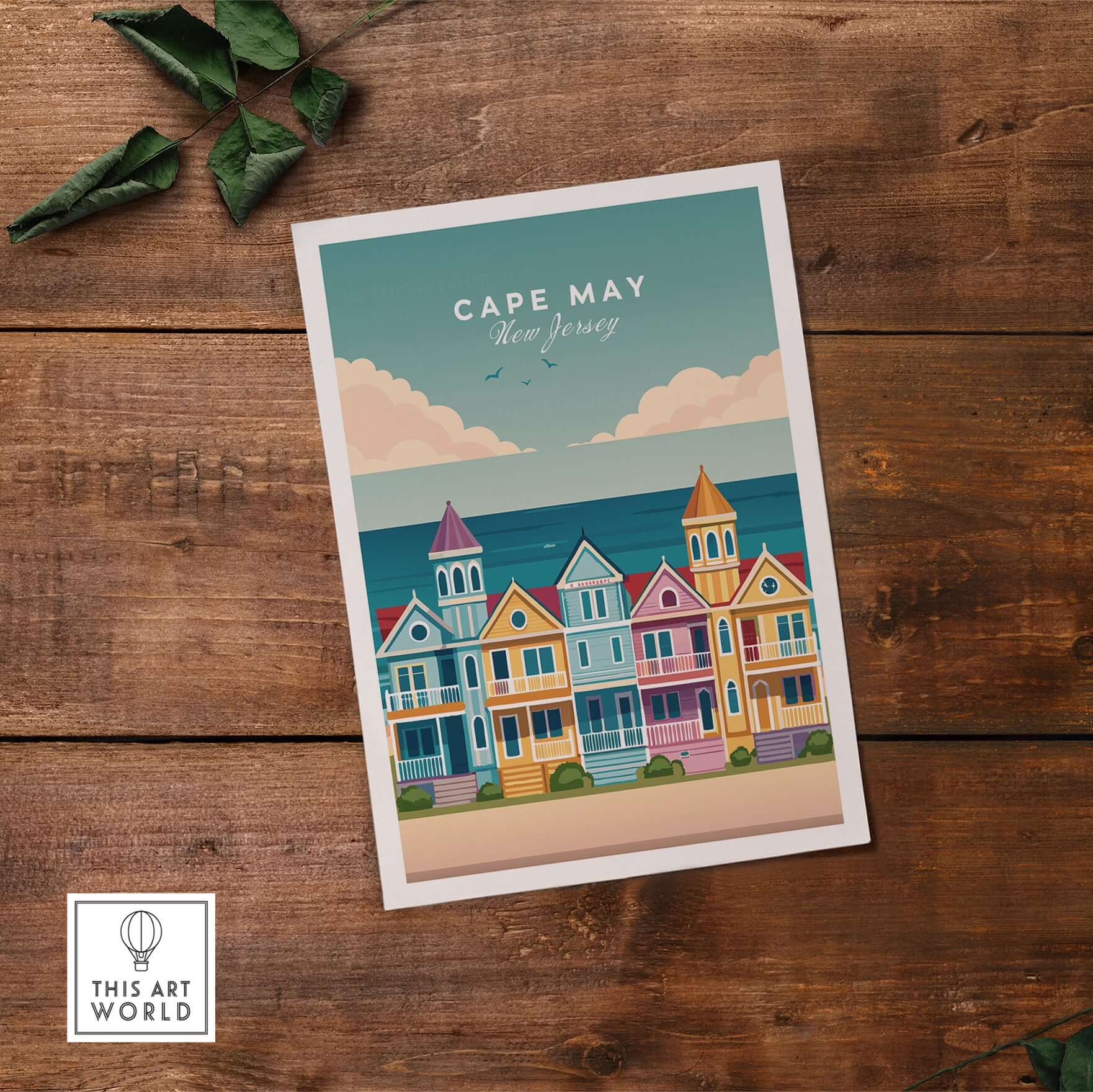 Cape May New Jersey Ocean View Poster - Classic Retro Beach Town Print featuring colorful beach houses.