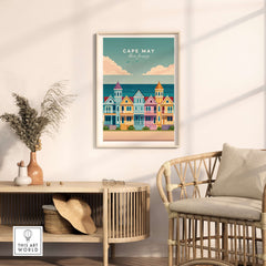 Cape May New Jersey Ocean View Poster - Classic Retro Beach Town Print on display in a stylish living room.