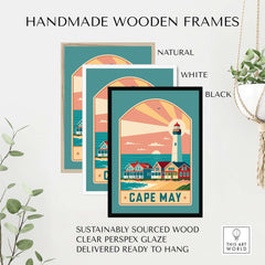 Cape May New Jersey Retro Travel Poster framed in natural, white, and black handmade wooden frames