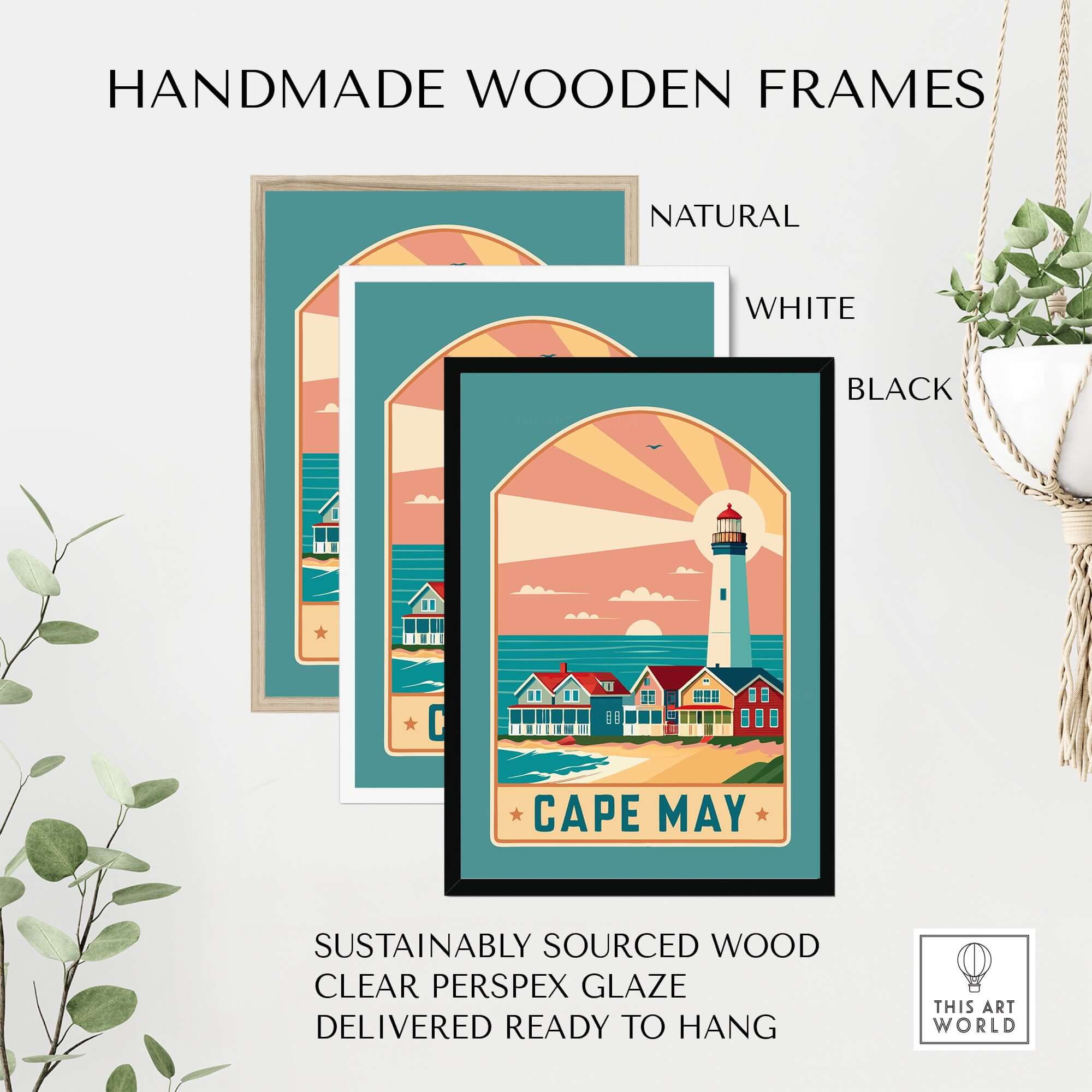Cape May New Jersey Retro Travel Poster framed in natural, white, and black handmade wooden frames