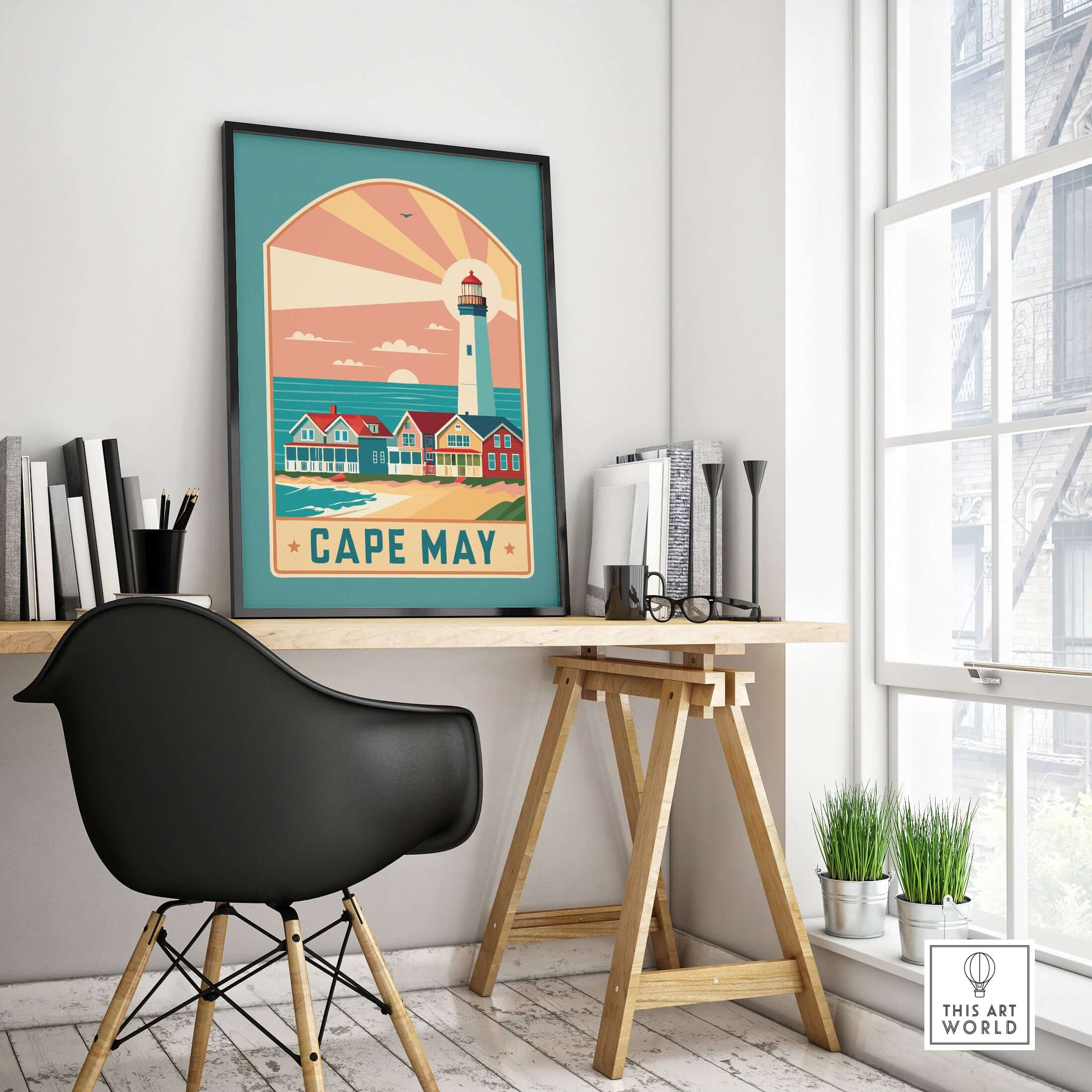 Cape May New Jersey Retro Travel Poster displayed in a stylish office setting with a modern chair and decor.