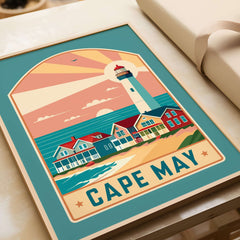 Cape May New Jersey Retro Travel Poster featuring a lighthouse and colorful beach houses.