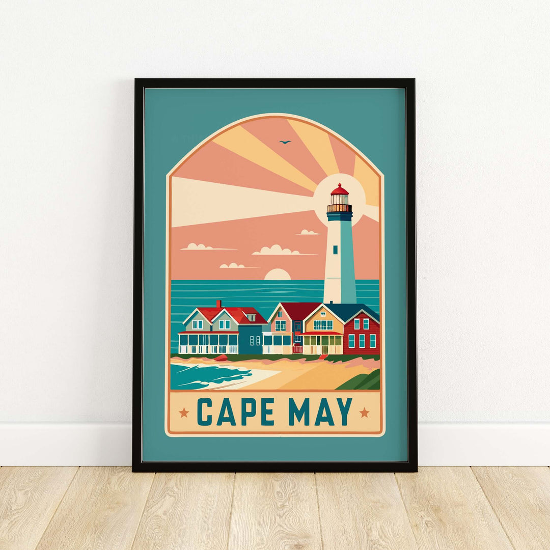 Retro travel poster of Cape May, New Jersey showcasing a lighthouse and colorful seaside houses.