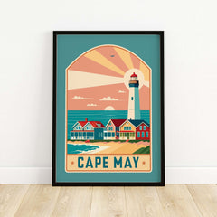 Cape May New Jersey Retro Travel Poster featuring a lighthouse and beach houses.