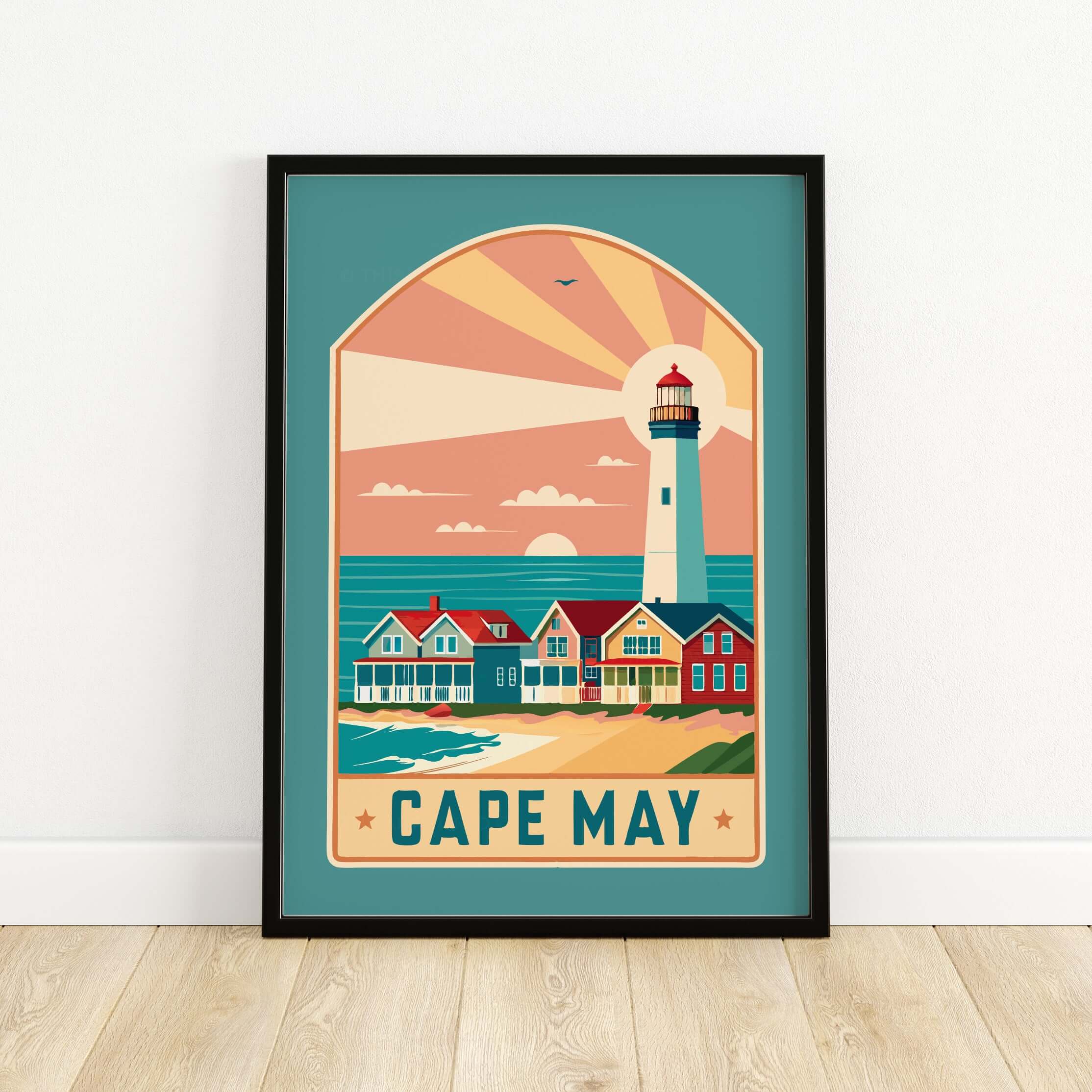 Cape May New Jersey Retro Travel Poster featuring a lighthouse and beach houses.